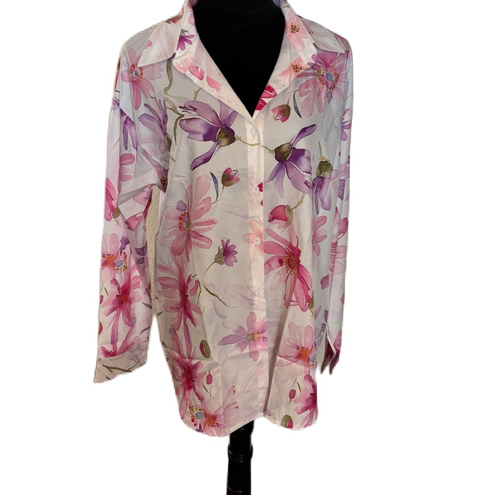 NWOT White Blouse with Pink and Purple Flowers